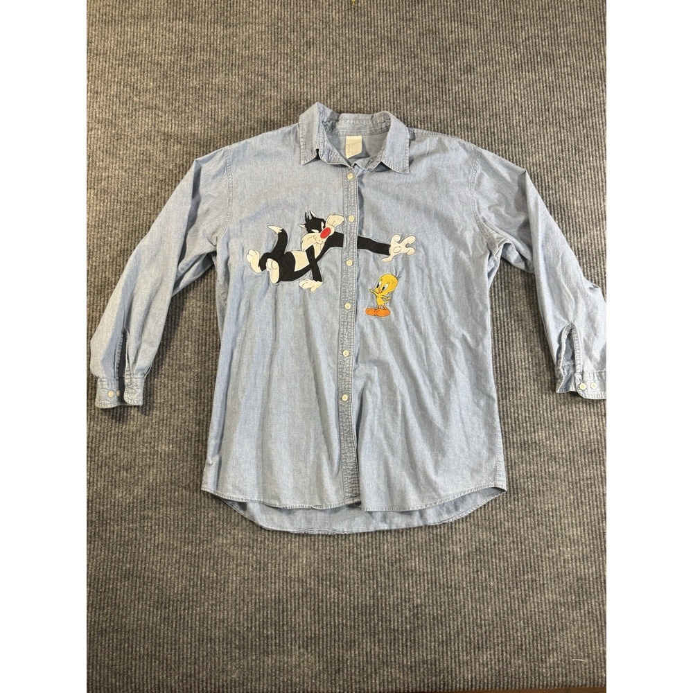 Vintage Sylvester Tweety‎ Blue Embroidered Cotton Button-Up Shirt Cartoon L